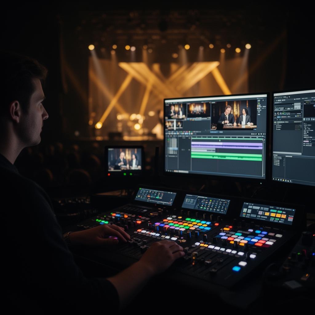 Production team operating show control for a live event